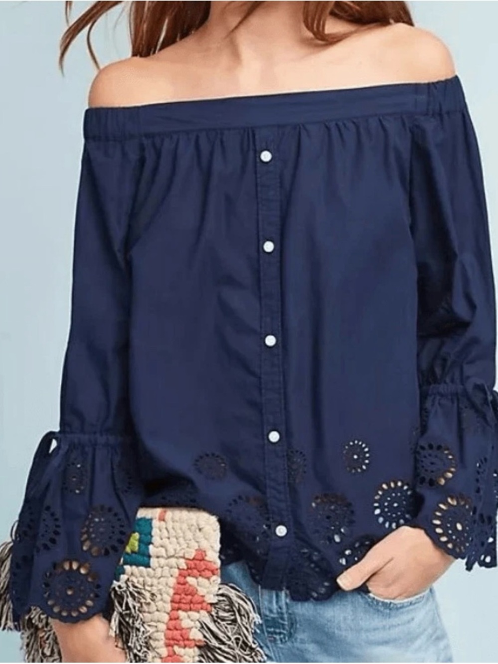 Anthropologie Isabella Sinclair Navy Blue Eyelet Off-Shoulder Blouse Extra Small